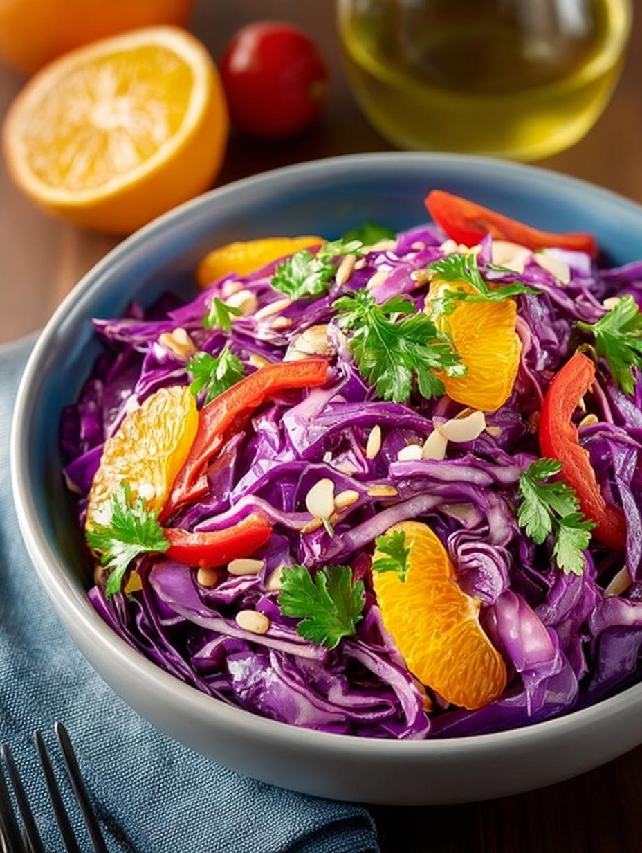 Purple Cabbage Salad with Mandarin Oranges and Crunchy Nuts - Purple Cabbage Salad with - additional detail