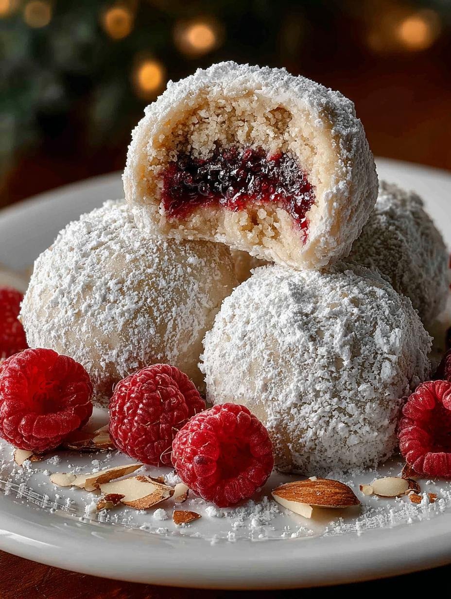 Raspberry Almond Snowball Cookies