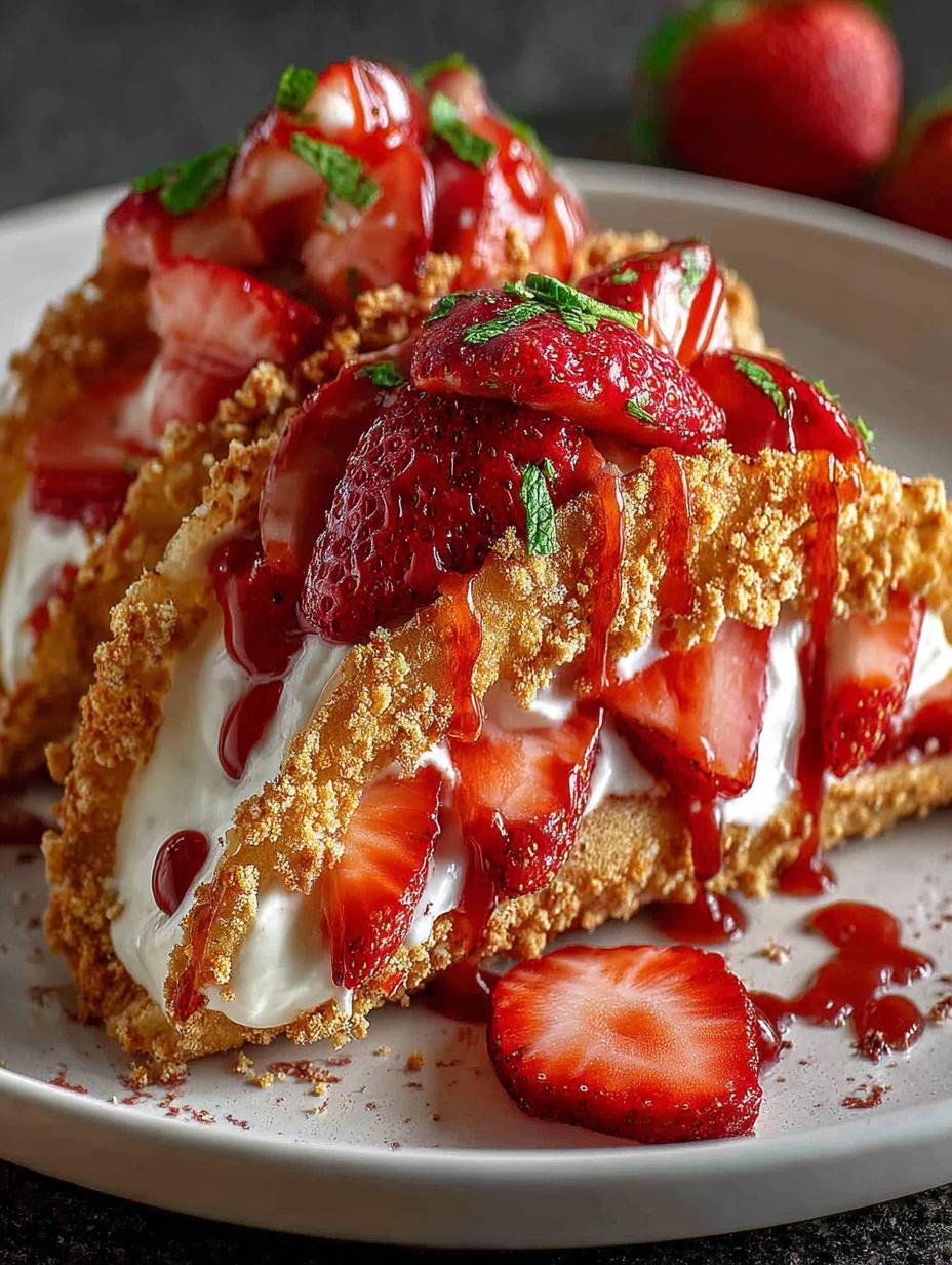 Irresistible Strawberry Crunch Cheesecake Tacos filled with creamy cheesecake and topped with fresh strawberries