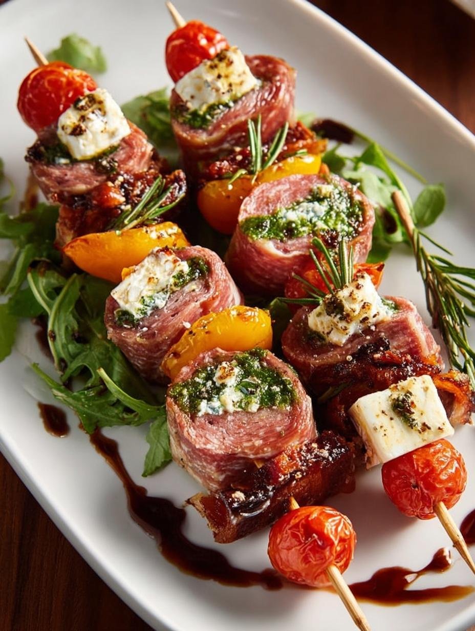 Irresistible Charcuterie Skewers Appetizer Kabobs beautifully arranged on a platter