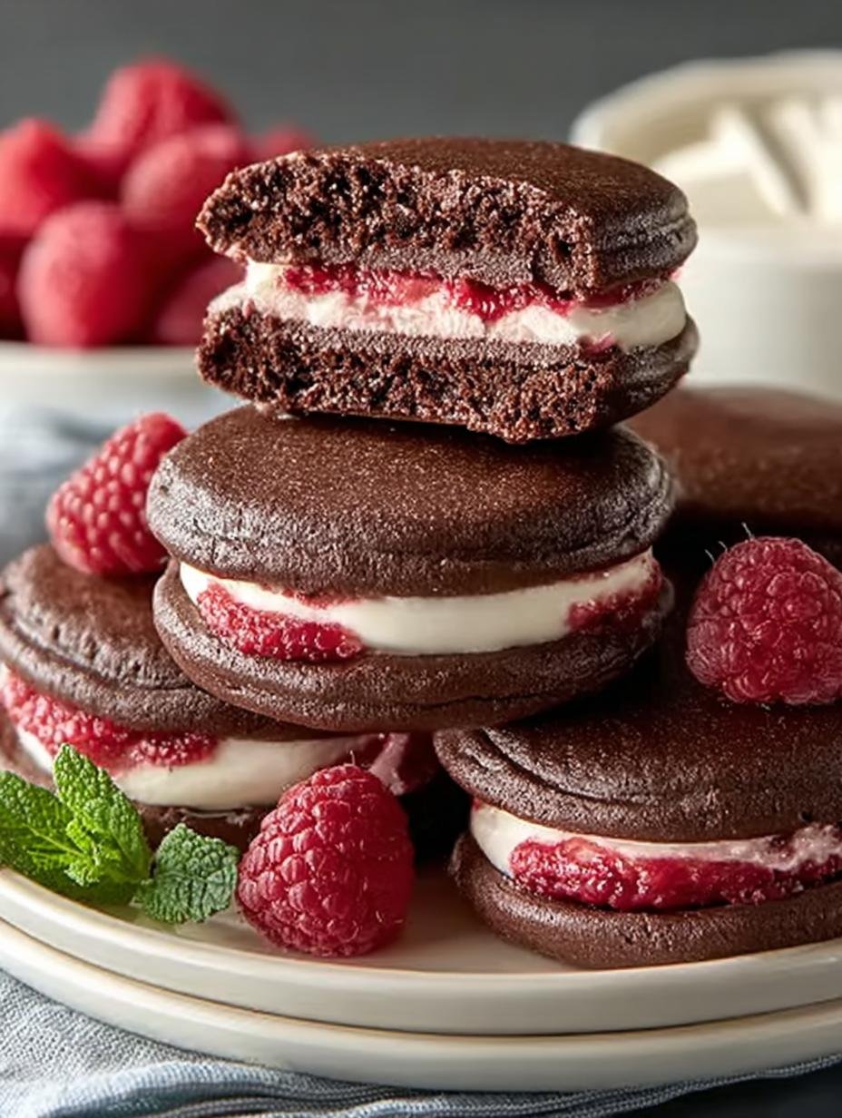 Irresistible chocolate raspberry sandwich cookies on a plate