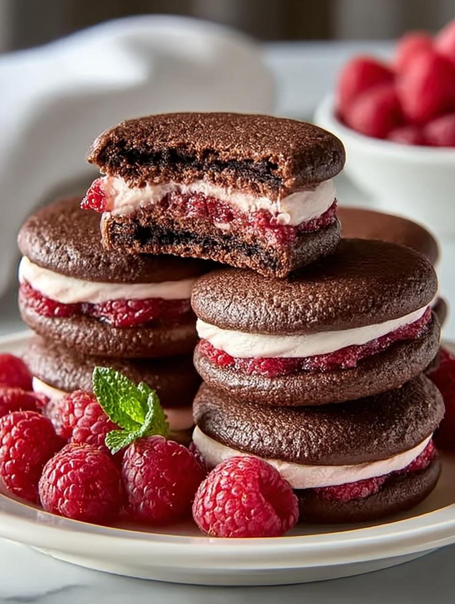 Chocolate raspberry sandwich cookies with raspberry filling