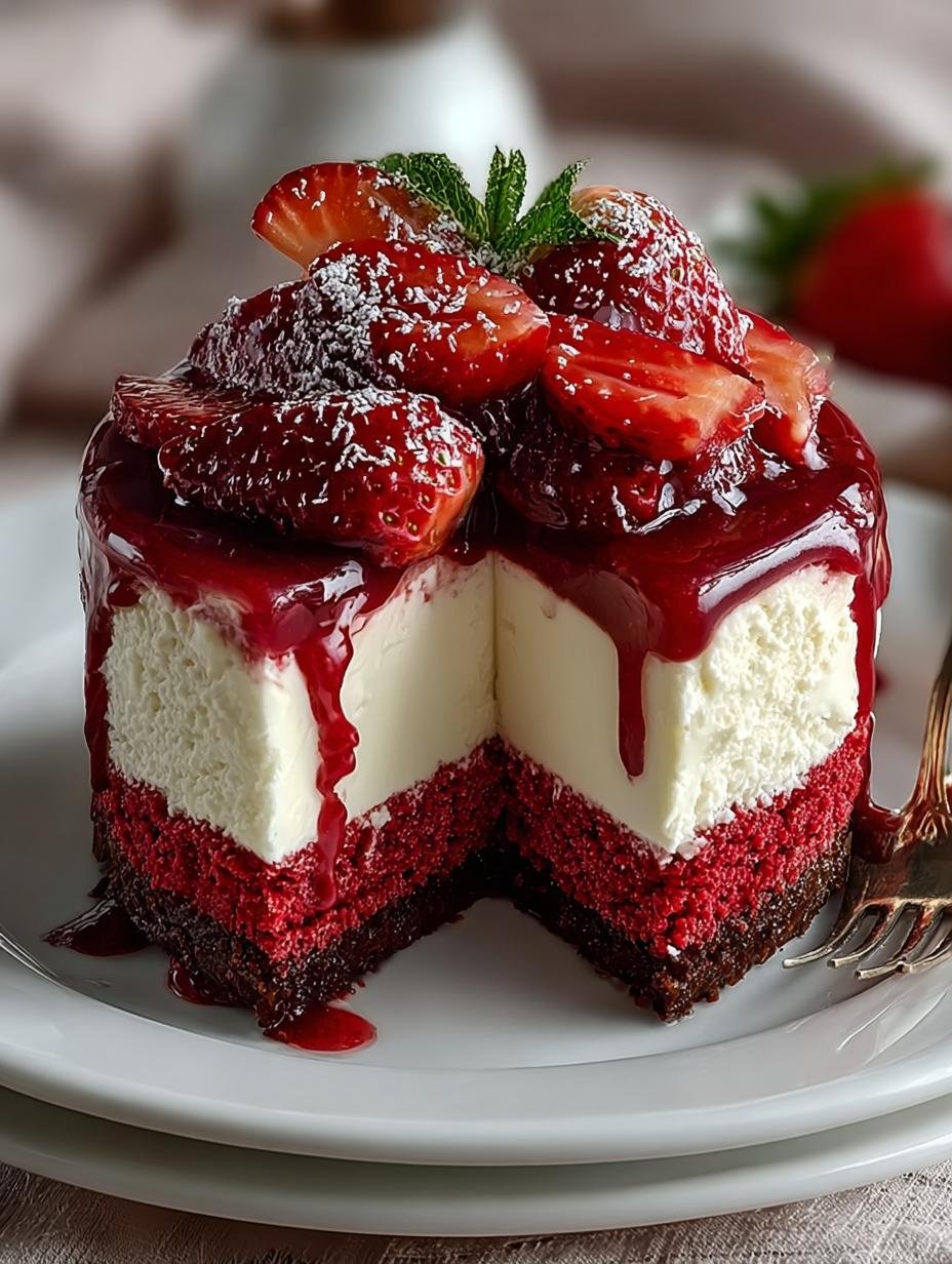Irresistible Red Velvet Strawberry Cheesecake fresh from oven on cooling rack