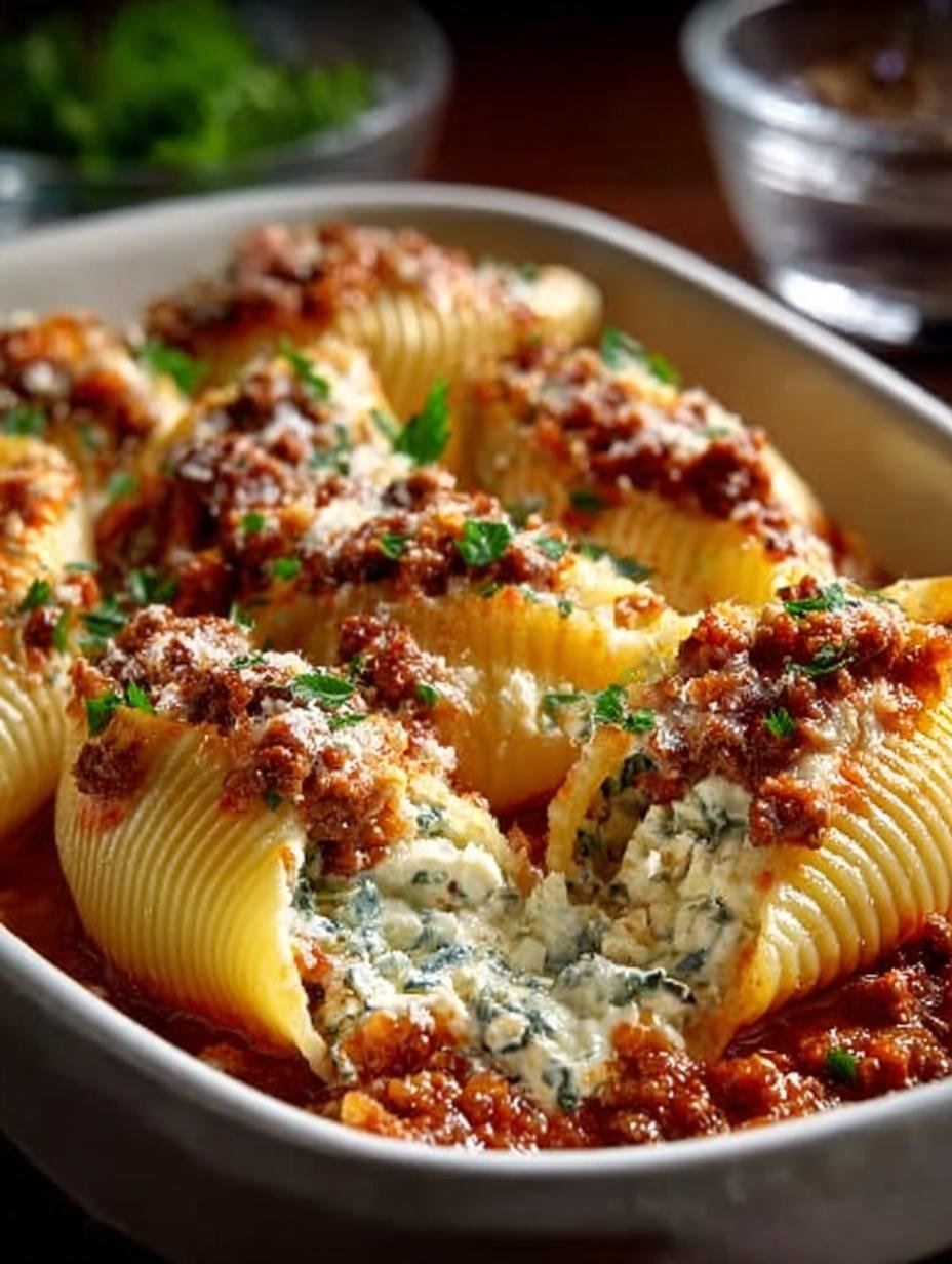 Delicious Ricotta Beef Stuffed Shells ready to serve