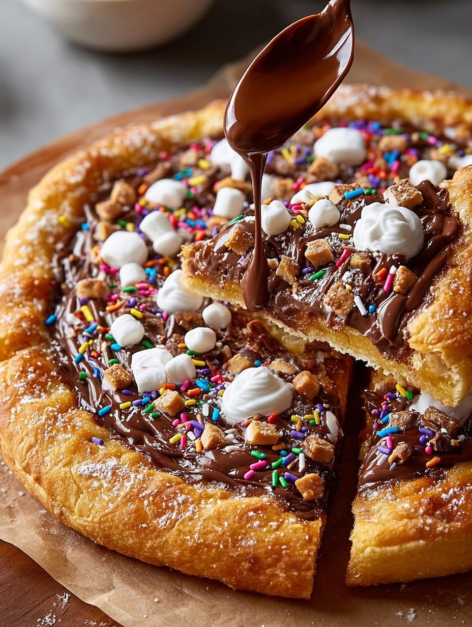 Chocolate Nutella Pizza with Marshmallows and Pretzels - Chocolate Nutella Pizza with - additional detail