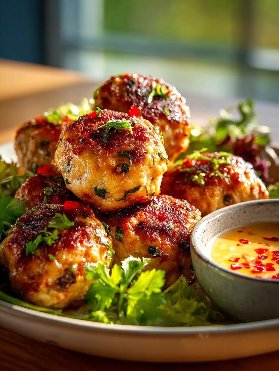 Irresistible Thai Baked Chicken Meatballs fresh from the oven on a serving platter